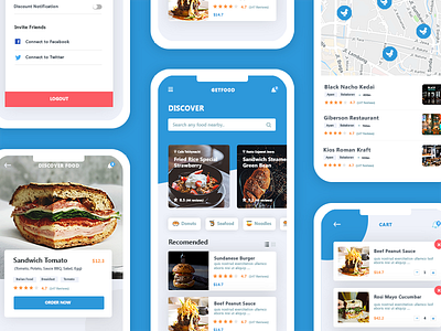 GetFood Delivery App app blue cafe design food interface map profile restaurant rizal sandwich search