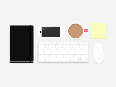 Desk Essentials coffee desk iphone keyboard magic mouse moleskine sticky notes things organized neatly