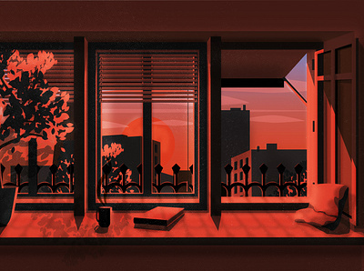 Cosy summer evening apartment cosy europe evening illustration illustrator interior perspective photoshop red sky summer warm window