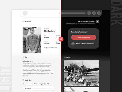 Soldier's record in light and dark mode on desktop dark light light and dark military history second world war soldier record ui ux web design