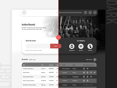 Soldier records listing in light and dark mode dark mode light and dark light mode military history military records second world war ui ux web design