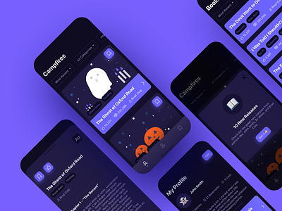 Campfire Scary Stories - Mobile App app blue book bookmark card dark ghost ios iphone kindle minimal modal mode popup profile read reading scary stories story