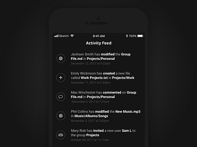 Daily UI #047 – Activity Feed dailyui dark ios iphone minimal mockup monochrome