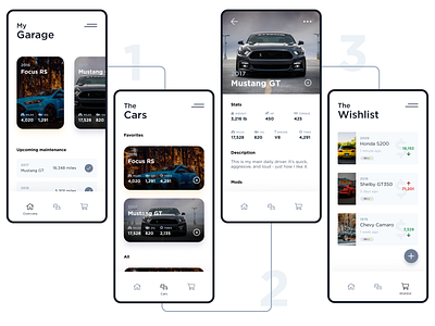 My Garage - Mobile App black camaro car card focus gotham honda ios iphone manage minimal mobile app mobile app design mobile ui mockup mustang s2000 typogaphy white whitespace