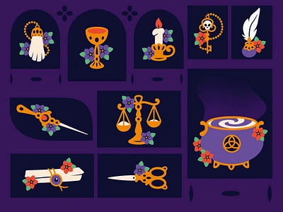 Witches' things animation candle cauldron creativemarket cup gif halloween key libra magic magic wand mystery rabbit rabbitfoot scissors scroll witch witcher