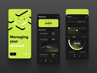 Revenue Manager App app calendar chart finance graphic design illustration mobile money neon onboarding ui