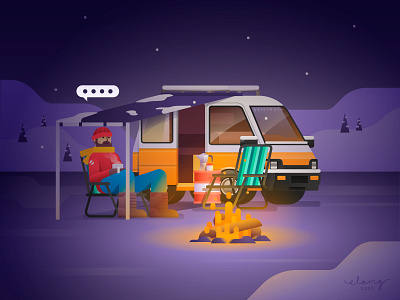 Solitude campervan campfire car daihatsu flat design flat gradation flat illustration gradation illustration solitude van