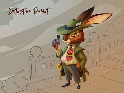 Detective Rabbit 2d animal art cg character design detective flat gun illustration noir rabbit retro