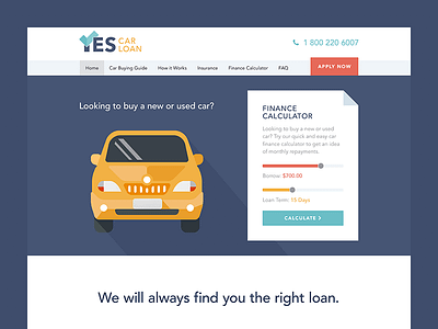 Website Homepage for Yes Car Loan calculator car flat hero home loan mockup website