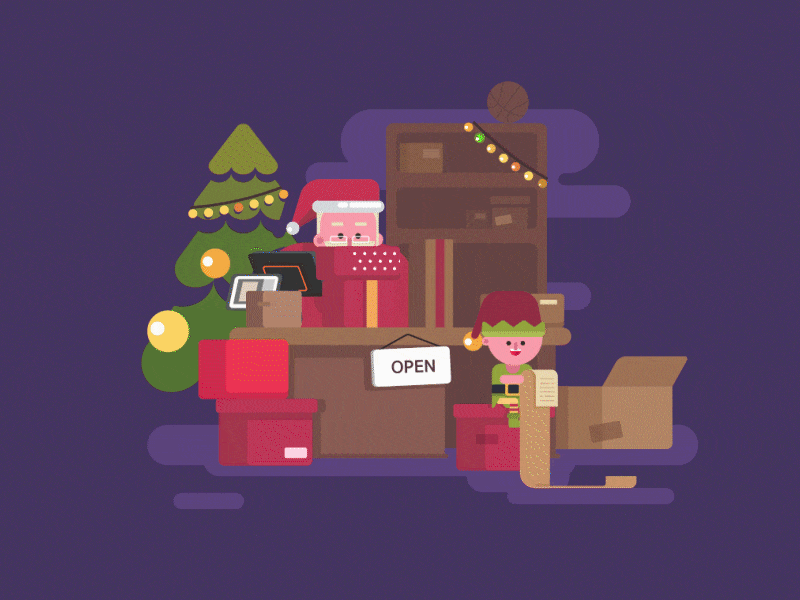 Christmas in May christmas counter elf flat gif gift holiday illustration motion people retail santa season shop toys vector xmas