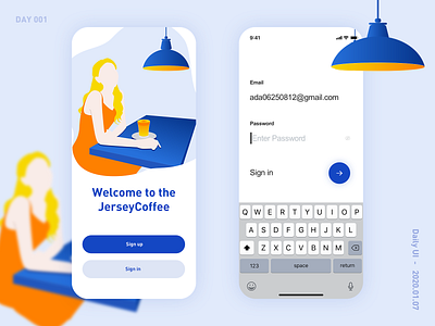 Welcome to the JerseyCoffee blue coffee dailyui girl illustration orange sign in sign up ui ux welcome page