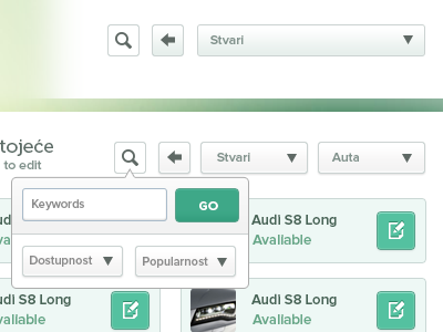 Quite a number of details back buttons cars dropdown filter keywords popup search things