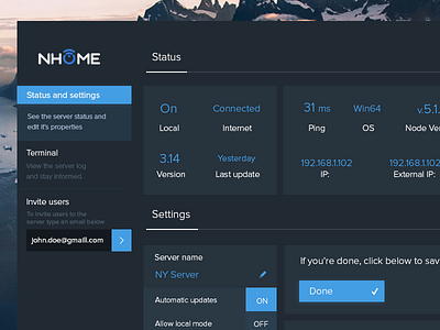 NHome Server App Sneak Peek blue dark home settings smart ui