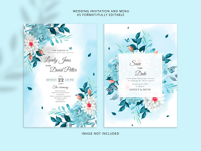 Elegant blue floral wedding invitation card psd