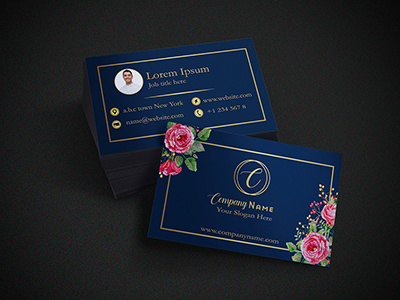 Business Card Design with Floral Touch blue and golden business card floral design golden touch