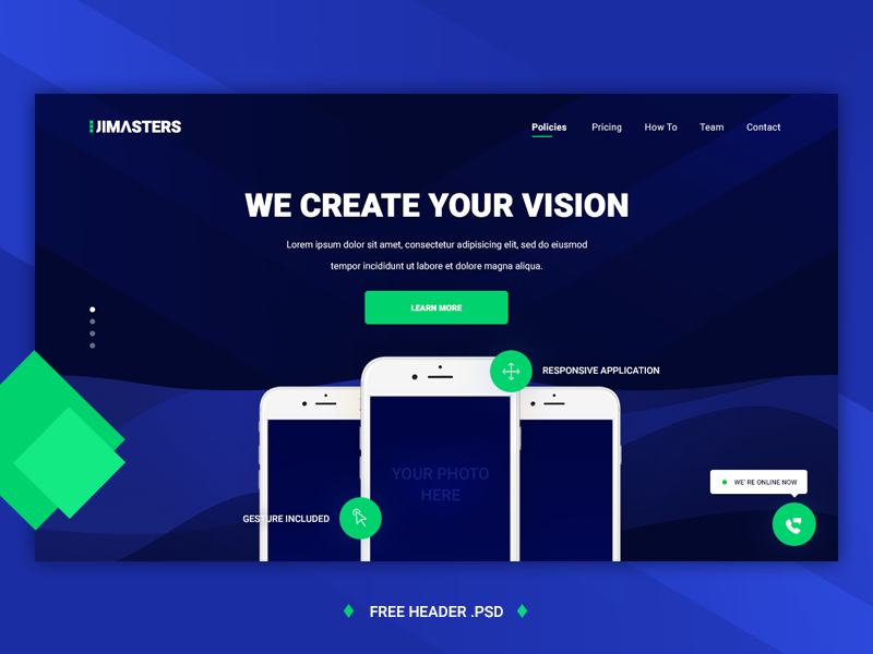 UIMASTERS - Free header .psd application for free freebie landing page app design mobile design ui design webdesign header free