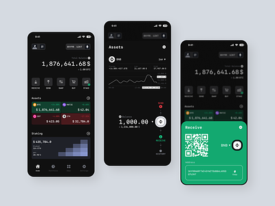 UED/UI Interact with crypto. Dark Wallet Assets concept bitcoin blockchain bnb chain concept dark defi dot etereum expiration gesture home homepage interface mobile nft swipe ui ux wallet