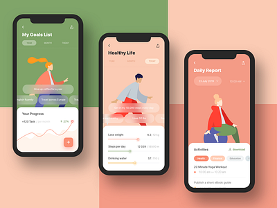 Goals & Habits Tracking App — Design Concept activities app app design application bright colors clear design goals habits illustration progress tracking app ui user interface design