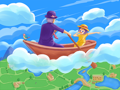 Boating in the sky illustration