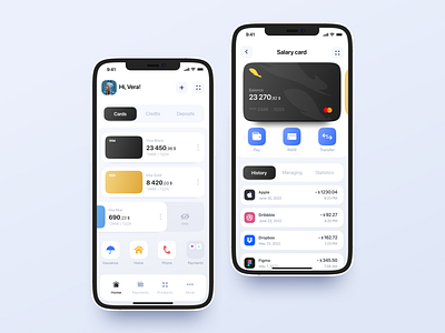 Banking App 💵 app bank banking cards design history list menu mobile money tabs ui ux