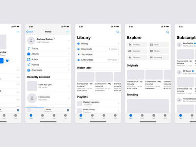 Fragments iOS Wireframe Kit app figma flow ios ios14 ios14kit media mobile music prototyping sketch song ui uikit video wireframe youtube