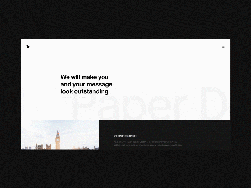 Landing Page Transitions animation black effect landing page minimal new website paper dog white