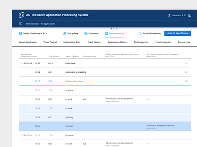 Enterprise UX/UI bank bank app credit enterprise loans log sheets tables underwriting