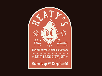 Heaty's Hot Sauce 70s badge cartoon flame freckles hot sauce illustration label mid century packaging personal project script steam tongue typeface vintage