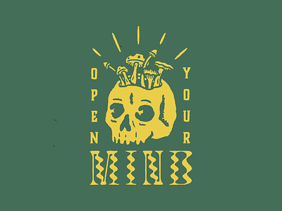 Open your Mind badge green illustration mind mushroom open procreate psychedelic rays skull texture typogaphy yellow