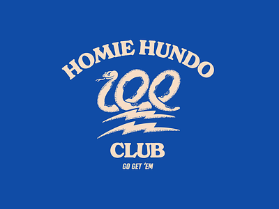Homie Hundo Club badge blue bolt emoji hand-drawn hundred illustration lightning logo procreate shading snake t-shirt texture typography white
