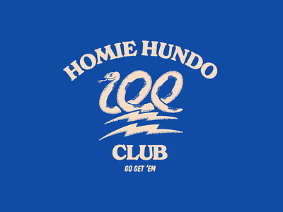 Homie Hundo Club badge blue bolt emoji hand drawn hundred illustration lightning logo procreate shading snake t shirt texture typography white