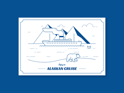 Alaskan Cruise Postcard alaskan beach bear bird boat christmas cloud cruise illustration line monoline mountain ocean postcard present shadow ship steam whale