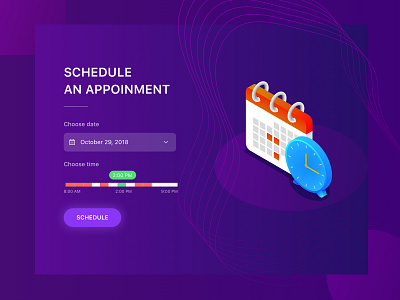 Appointment Scheduling UI appointment appointment scheduling booking calendar clock date picker gradient illustration isometric purple schedule select date select time time picker time range time slider ui ux web