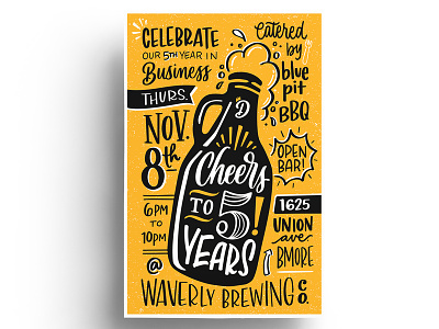 Cheers To 5 Years anniversary beer design growler handlettering illustration invitation lettering party retro