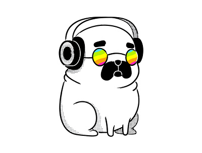 Pug psychonaut animal cartoon dog headphones lineart psychedelic pug shades