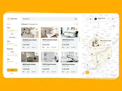 Real estate property listing - concept design app clean concept design design filters graphic design grey homepage interface listining logo map real estate real estate agency search search results ui ux design web app yellow