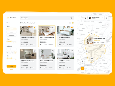 Real estate property listing - concept design app clean concept design design filters graphic design grey homepage interface listining logo map real estate real estate agency search search results ui ux design web app yellow