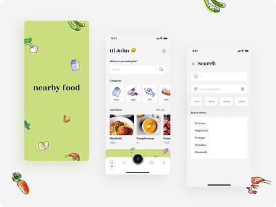 Nearby food - mobile app concept app app design categories clean concept design design flat food food share freeganism graphic design homepage ilustration location menu minimal mobile app search splash screen ui