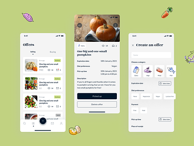 Nearby food - mobile app concept app app design clean colorfull concept design create offer design flat food freeganism graphic graphic design illustration mobile app offers offers list products typography ui vegetables