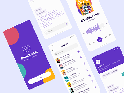 Book's chat - mobile app concept app audiobooks books bot category chat clean colorfull concept design design graphic design listening message mobile app pause reading app search sound ui violet