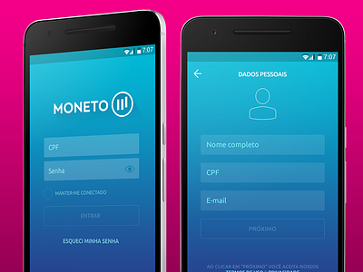 New update preview in Moneto app blue brazil design gradient login signup ui ux