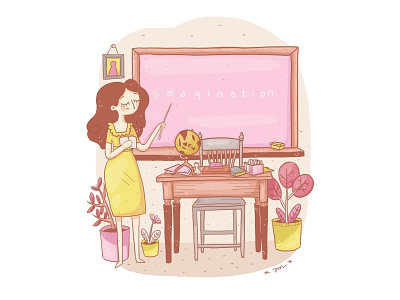 Teacher card colour cute girl illustration pastel teacher