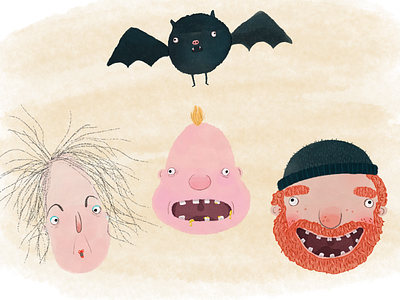 Happy Halloween! baby bat characters faces illustration lumberjack old lady watercolor