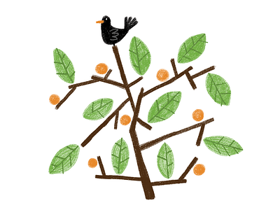 Citrus acrylic bird crow leaves orange paint tree