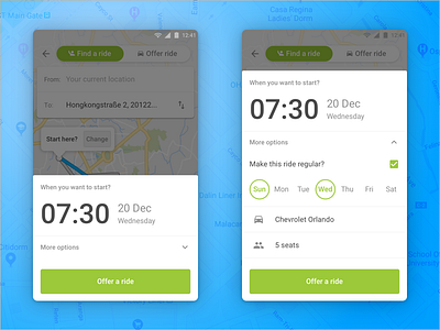 Bottom sheet for time and additional settings android bottom sheet carpool mobile app design time time picker ui user experience user interface wunder