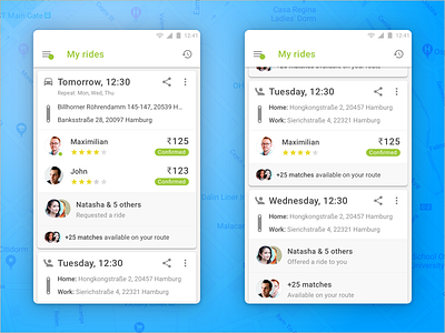 My Rides feed android cards carpool date picker list mobile app design rides time ui user experience user interface wunder