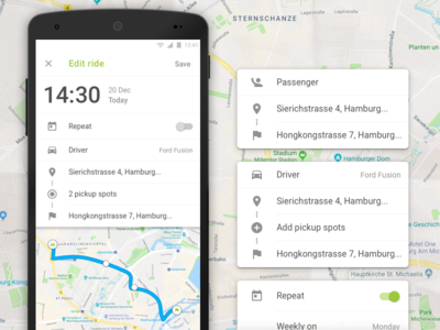 Edit Ride android carpool edit mobile app design rides route stops time ui user experience user interface wunder