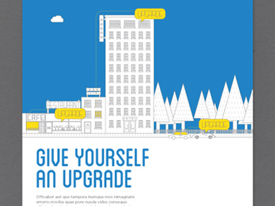 Upgrade Your Life advertising b2b b2c blue bristol café campaign car city cityscape concept finance hotel illustration mono monoweight poster restaurant road scene street trees vector yellow