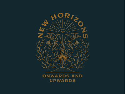 New Horizons badge birds digital drawing graphic design hand drawn illustration illustrator monoline new horizons onwards sun upwards