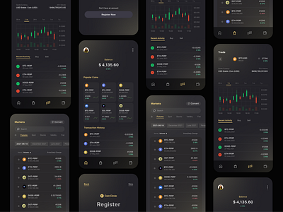 Cryptocurrency Trading App 2021 app application bitcoin cryptocurrency dark theme design dogecoin icons interface mobile nft simple trending typography ui user experience ux
